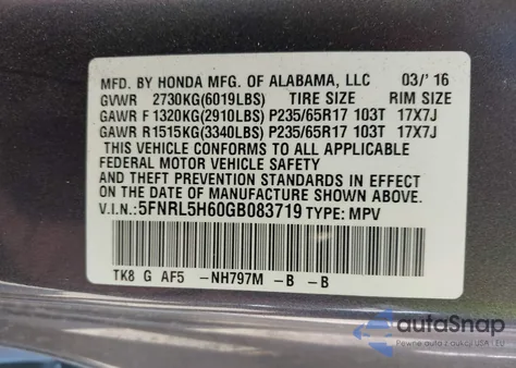 2016 Honda Odyssey Ex-L from USA, damaged, VIN 5FNRL5H60GB083719